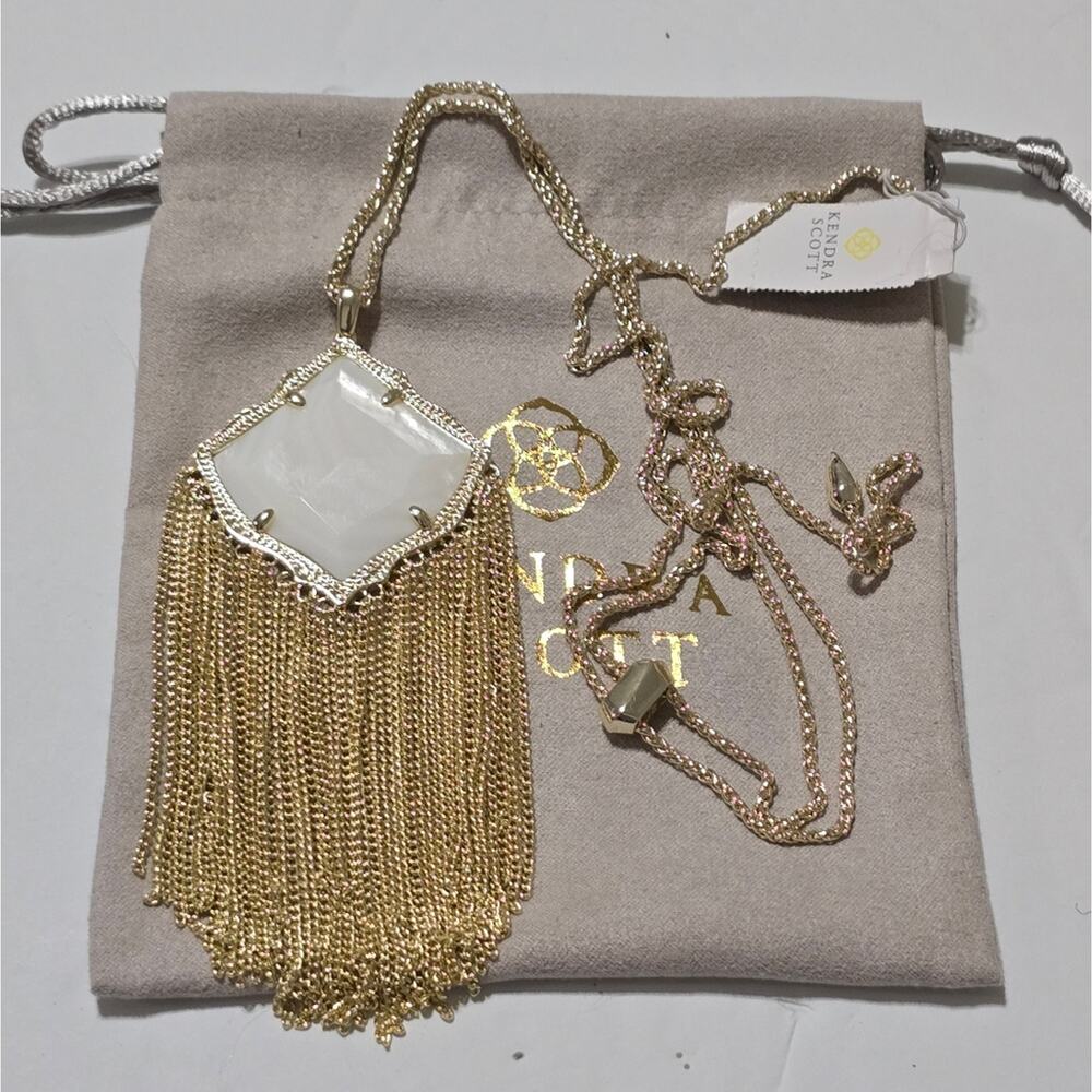 Kendra Scott White Banded Agate Kingston Tassel Fringe Boho Gold Plated Necklace